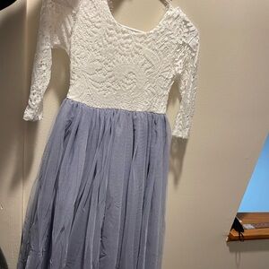 White lace and blue/gray tule dress size girls 7/8